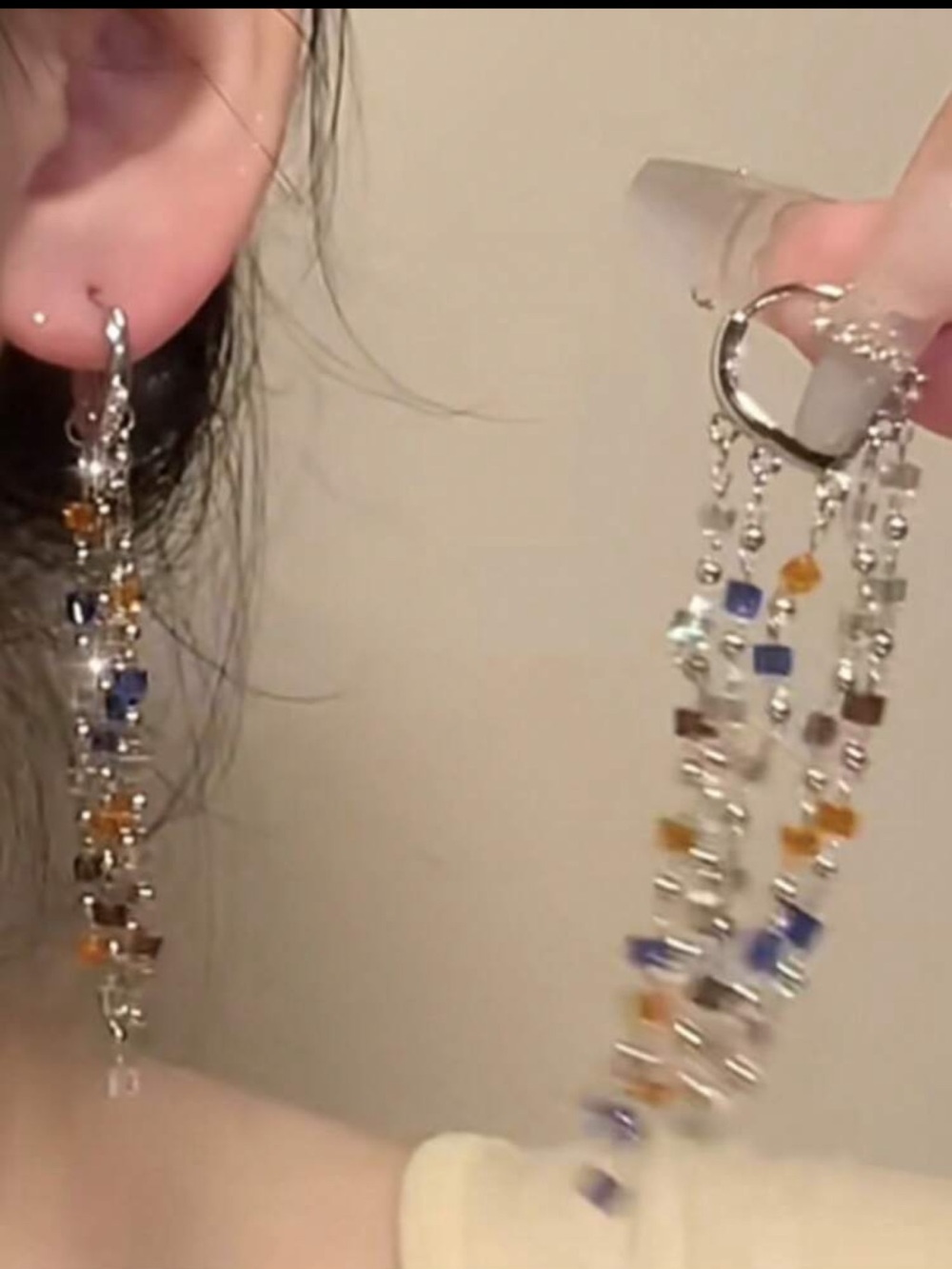 Silver Multi-Color Beaded Dangle Earrings - Blue & Amber